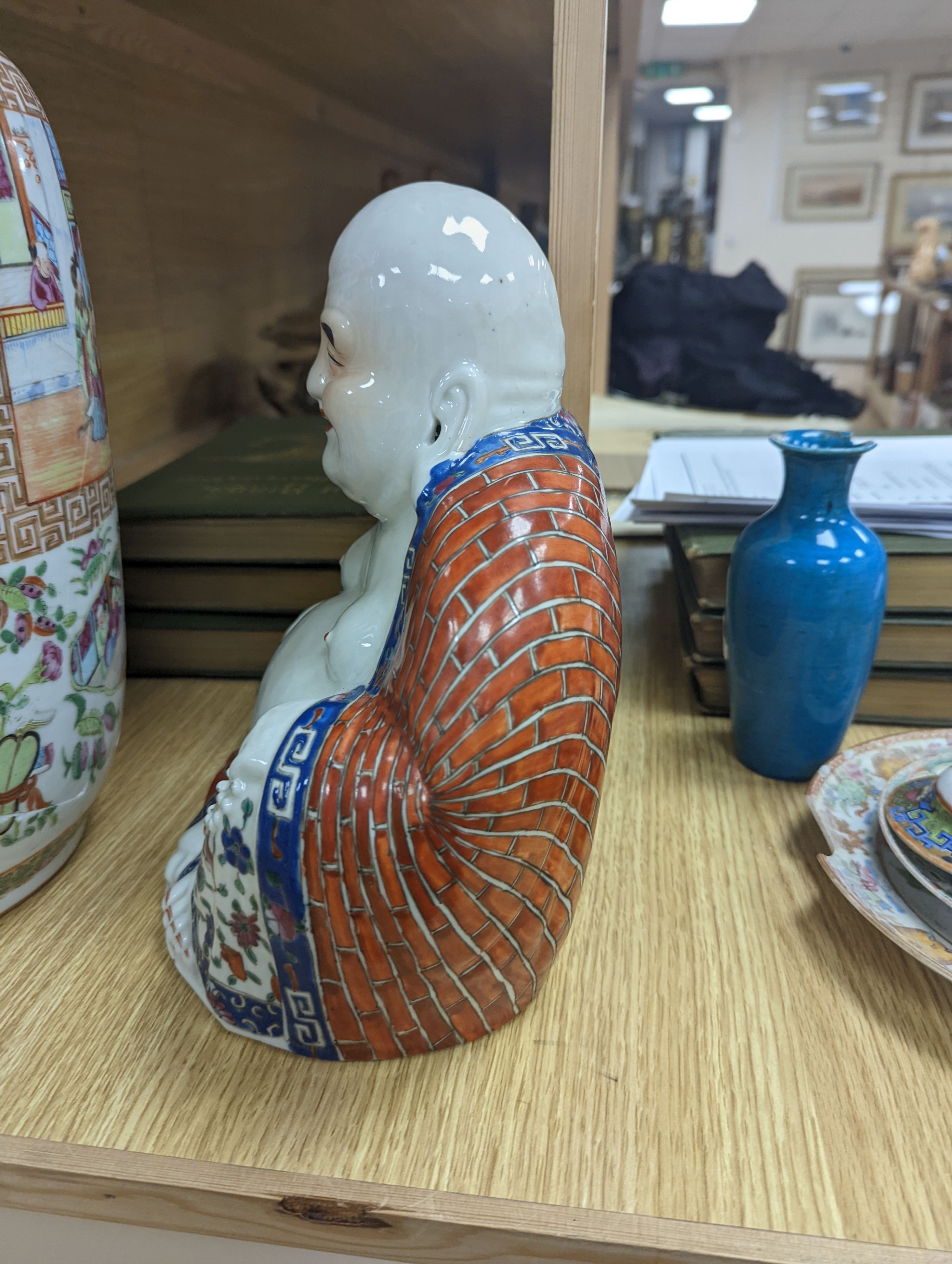 A Chinese famille rose vase, a figure of Budai, a turquoise glaze vase etc, vase 45 cms high.